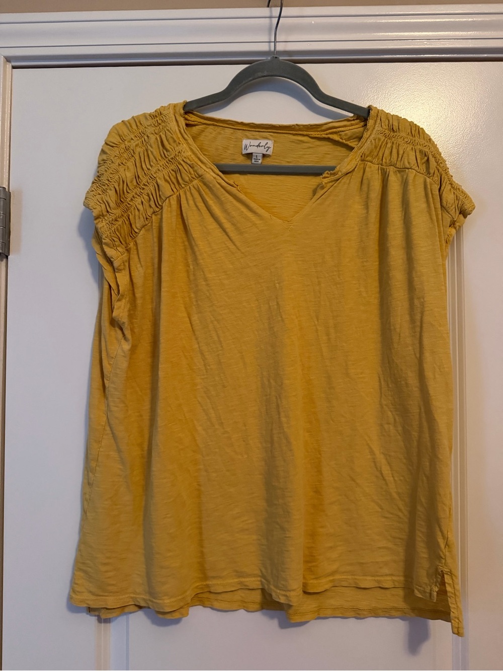 Wonderly Mustard Yellow Smocked Shoulder V-Neck Tee